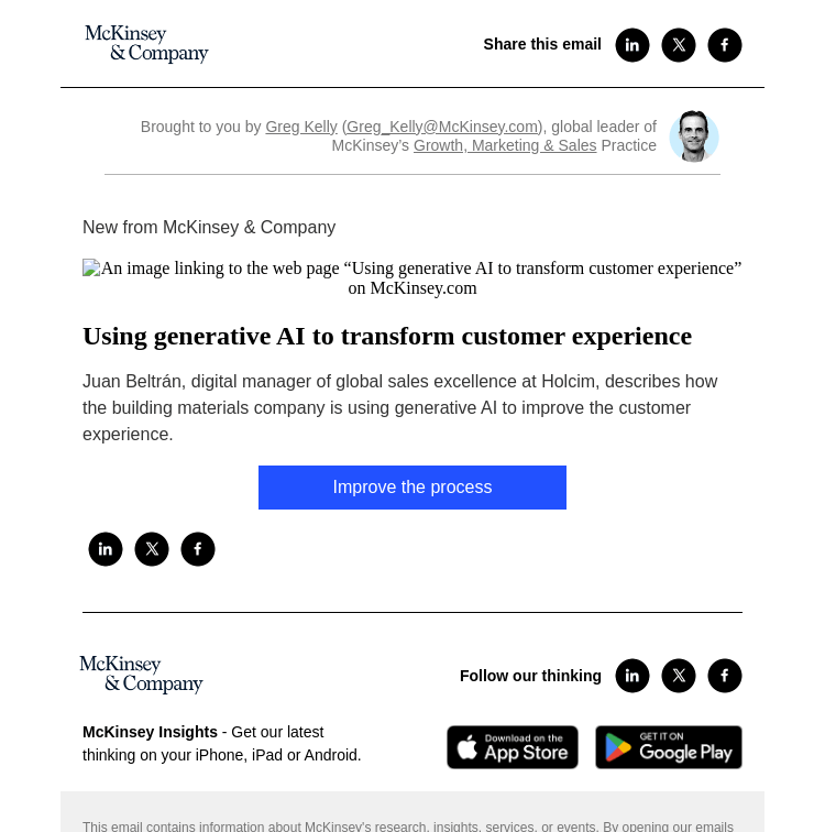 Письмо компании «McKinsey & Company» на тему «Using generative AI to transform customer experience»