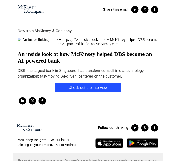 Письмо компании «McKinsey & Company» на тему «An inside look at how McKinsey helped DBS become an AI-powered bank»