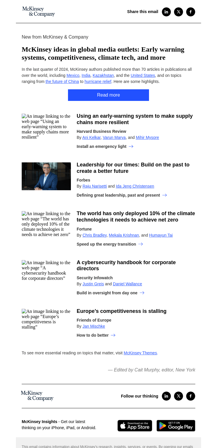 Письмо компании «McKinsey & Company» на тему «McKinsey ideas in global media outlets: Early warning systems,
 competitiveness, climate tech, and more»
