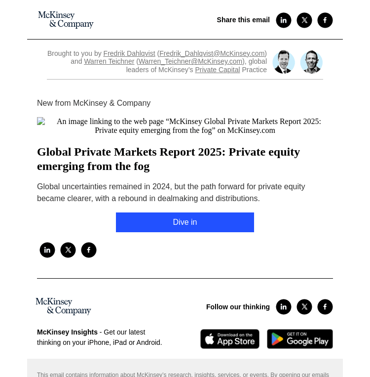 Письмо компании «McKinsey & Company» на тему «Global Private Markets Report 2025: Private equity emerging from
 the fog»