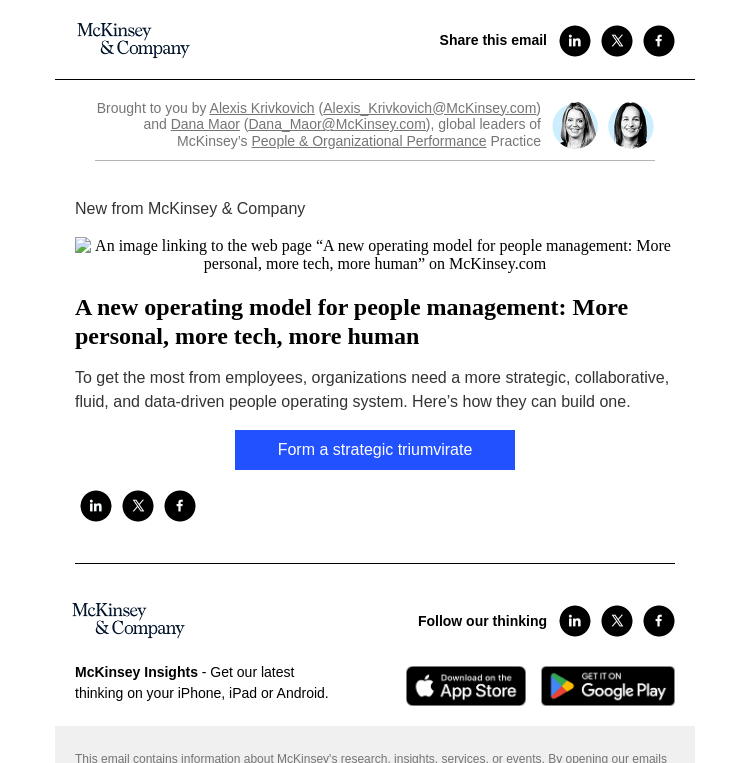 Письмо компании «McKinsey & Company» на тему «A new operating model for people management: More personal, more
 tech, more human»
