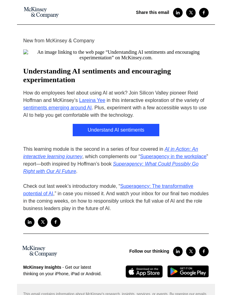 Письмо компании «McKinsey & Company» на тему «Understanding AI sentiments and encouraging experimentation: “AI in action” learning module 2»