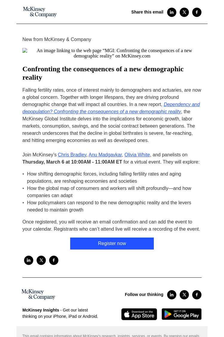 Письмо компании «McKinsey & Company» на тему «You’re invited! Join us for a McKinsey virtual event on dependency and depopulation»