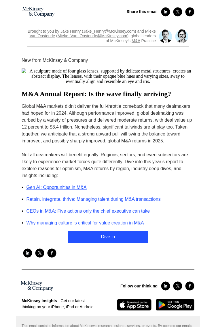 Письмо компании «McKinsey & Company» на тему «M&A Annual Report: Is the wave finally arriving?»