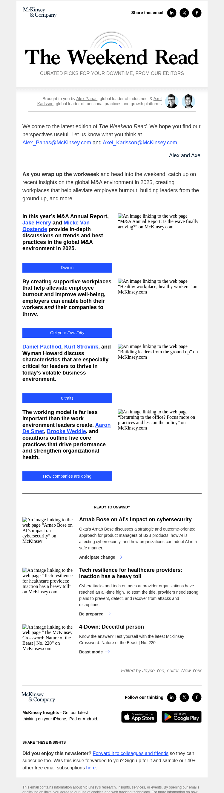 Письмо компании «McKinsey & Company» на тему «Navigate the global M&A environment in 2025»