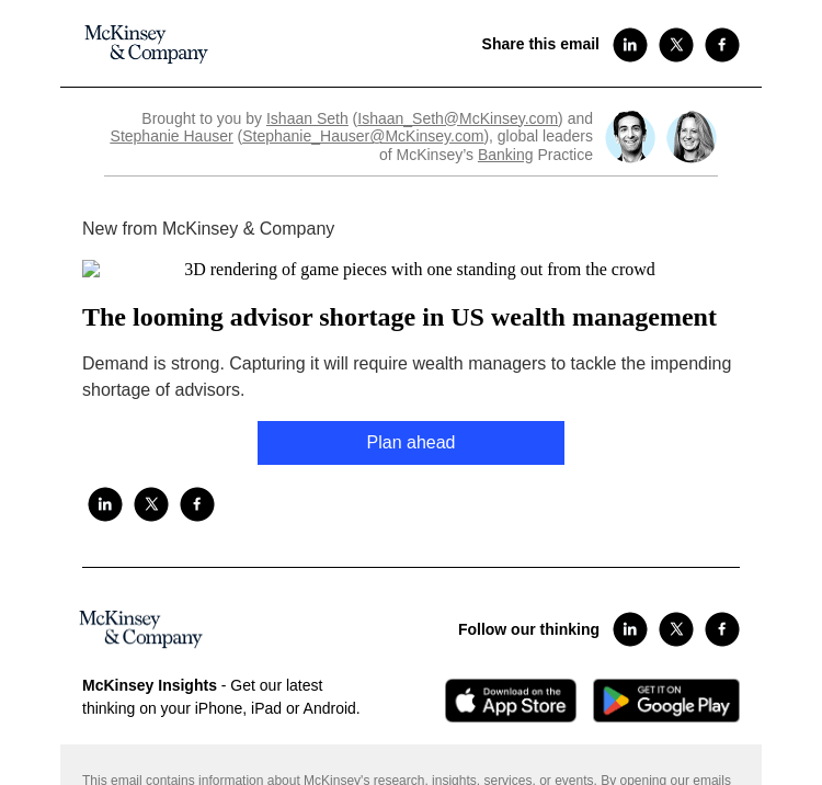 Письмо компании «McKinsey & Company» на тему «The looming advisor shortage in US wealth management»