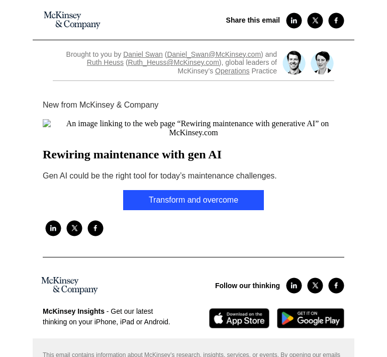 Письмо компании «McKinsey & Company» на тему «Rewiring maintenance with gen AI»