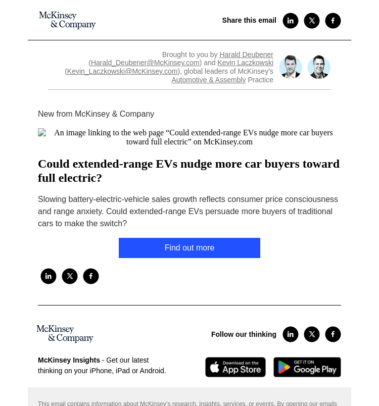 Письмо компании «McKinsey & Company» на тему «Could extended-range EVs nudge more car buyers toward full
 electric?»