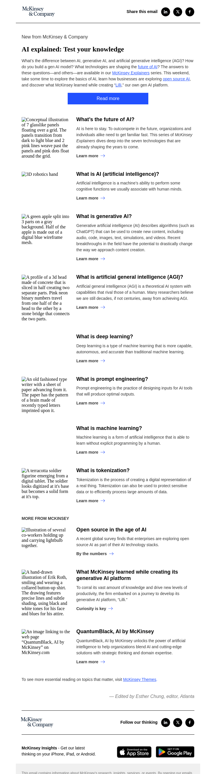 Письмо компании «McKinsey & Company» на тему «AI explained: Test your knowledge»