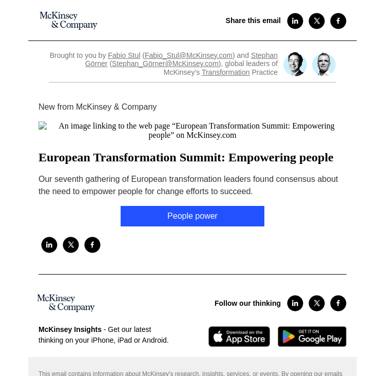 Письмо компании «McKinsey & Company» на тему «European Transformation Summit: Empowering people»