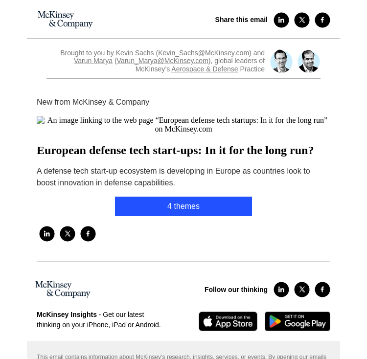 Письмо компании «McKinsey & Company» на тему «European defense tech start-ups: In it for the long run?»