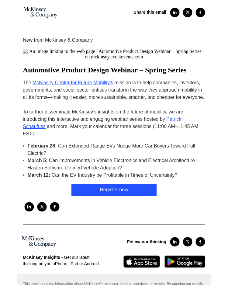 Письмо компании «McKinsey & Company» на тему «You're invited! Join us for McKinsey virtual events on automotive
 product design»