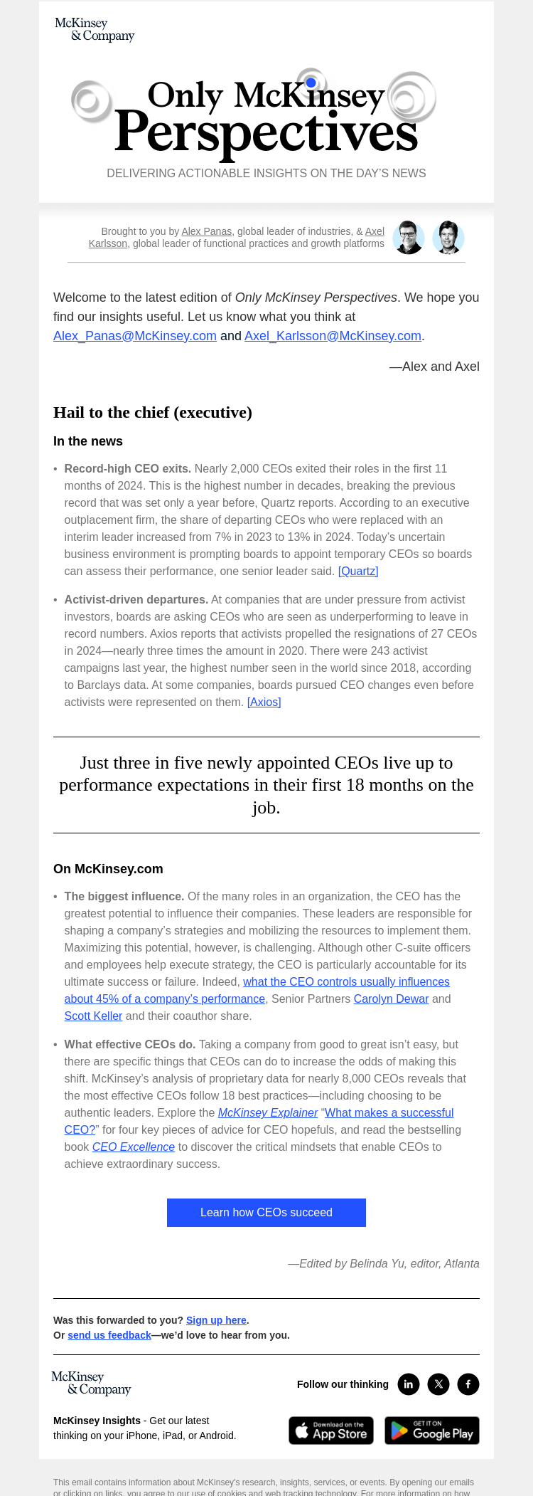 Письмо компании «McKinsey & Company» на тему «Models for CEO excellence: What the best leaders do»