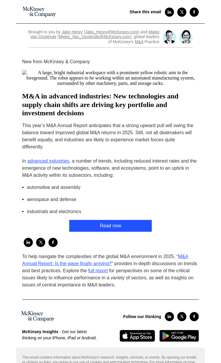 Письмо компании «McKinsey & Company» на тему «2025 M&A Report: A deep dive on advanced industries»