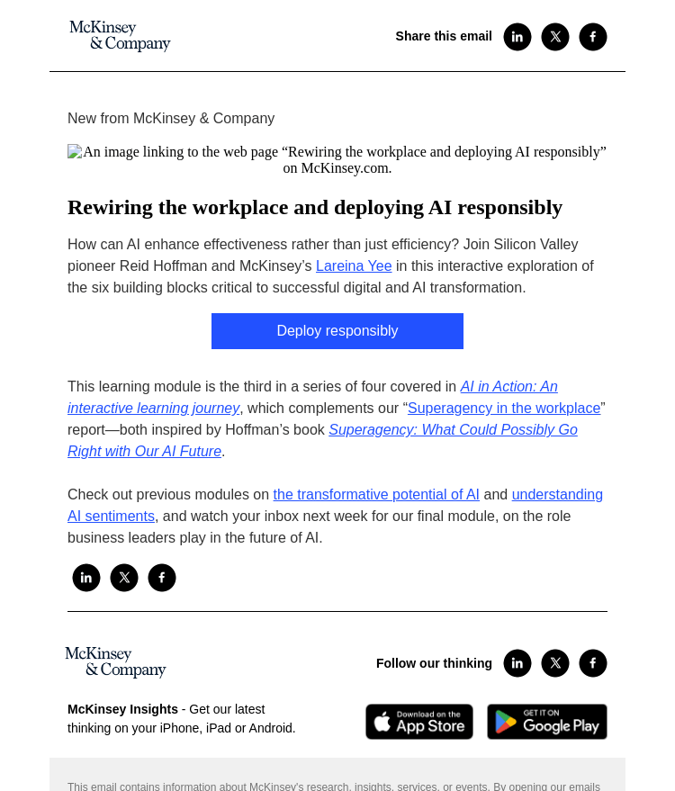 Письмо компании «McKinsey & Company» на тему «Rewiring the workplace and deploying AI responsibly: “AI in action” learning module 3»