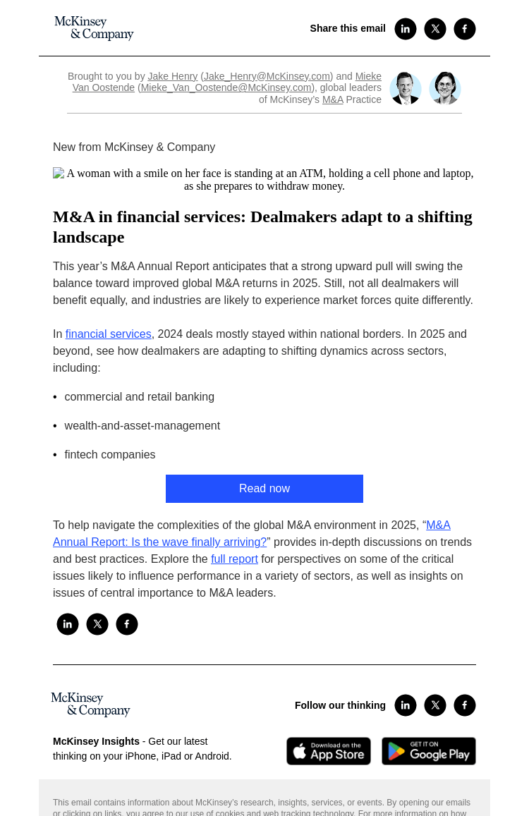 Письмо компании «McKinsey & Company» на тему «M&A in financial services: Dealmakers adapt to a shifting landscape»