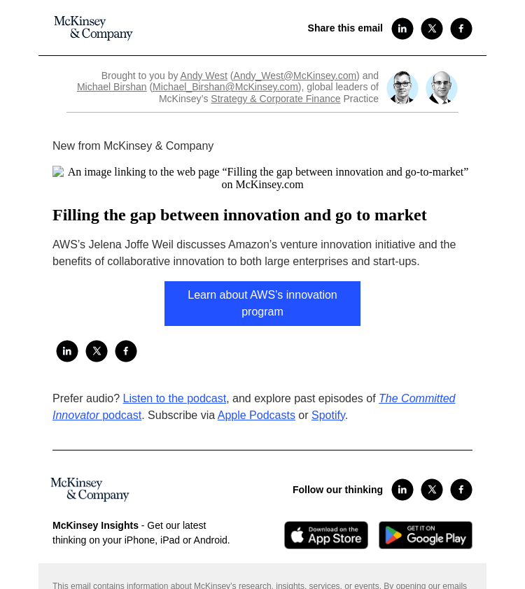 Письмо компании «McKinsey & Company» на тему «Filling the gap between innovation and go to market»