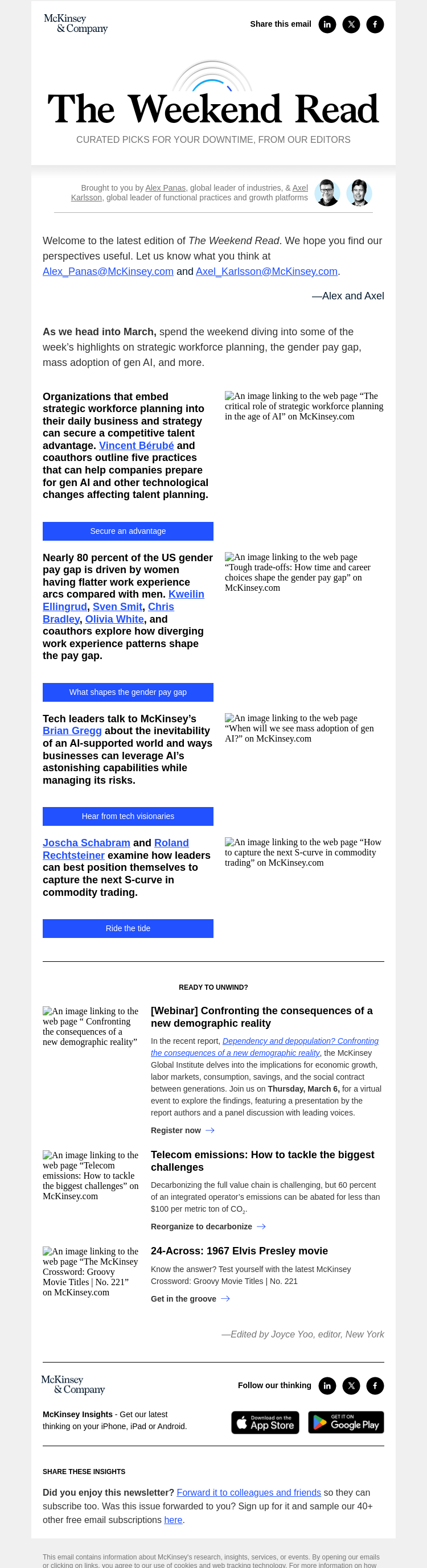 Письмо компании «McKinsey & Company» на тему «Strategic workforce planning, the gender pay gap, mass adoption of
 gen AI, and more: The Weekend Read»