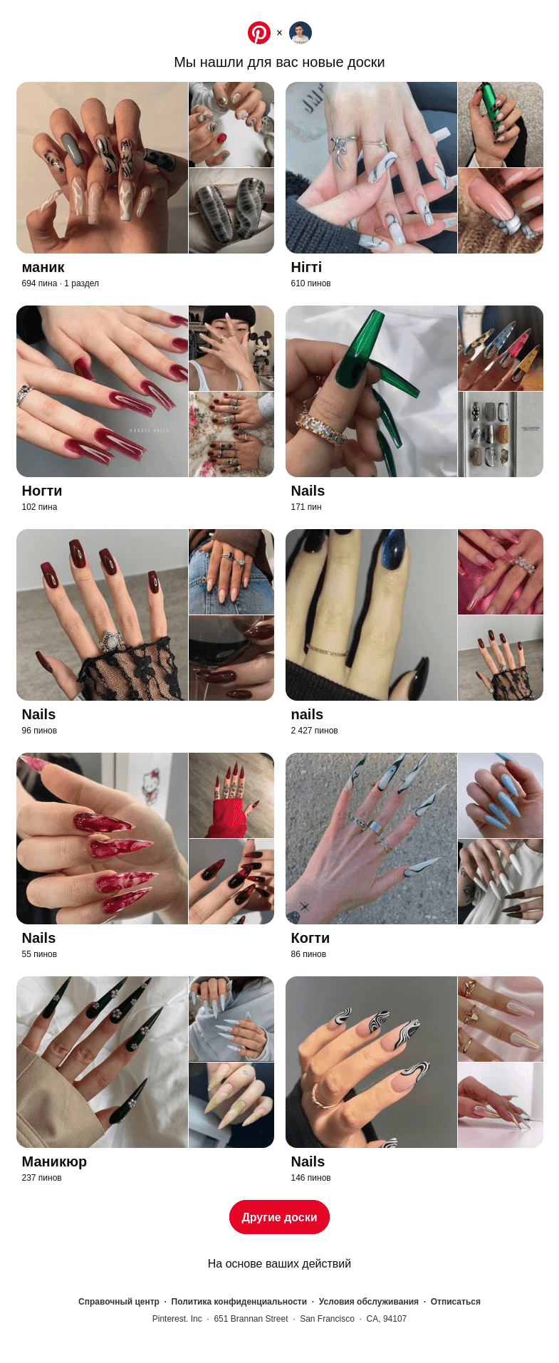 Письмо компании «Pinterest» на тему ««маник» и другие доски»