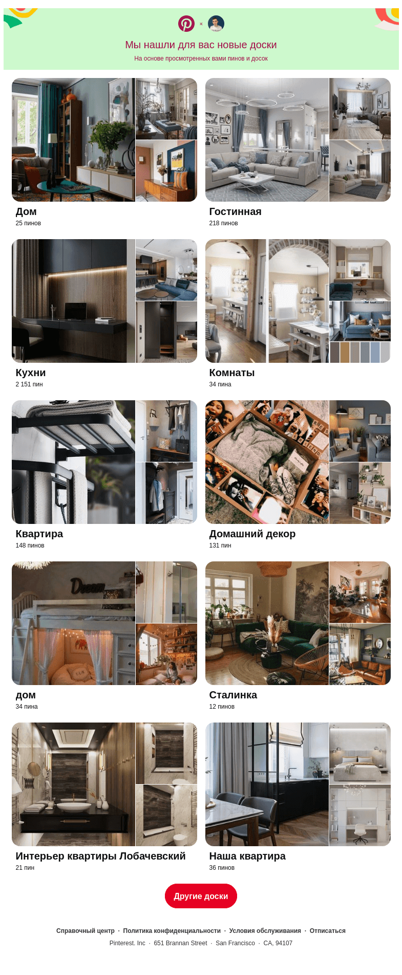Письмо компании «Pinterest» на тему ««Дом», «Гостинная» и еще 8 похожих досок»