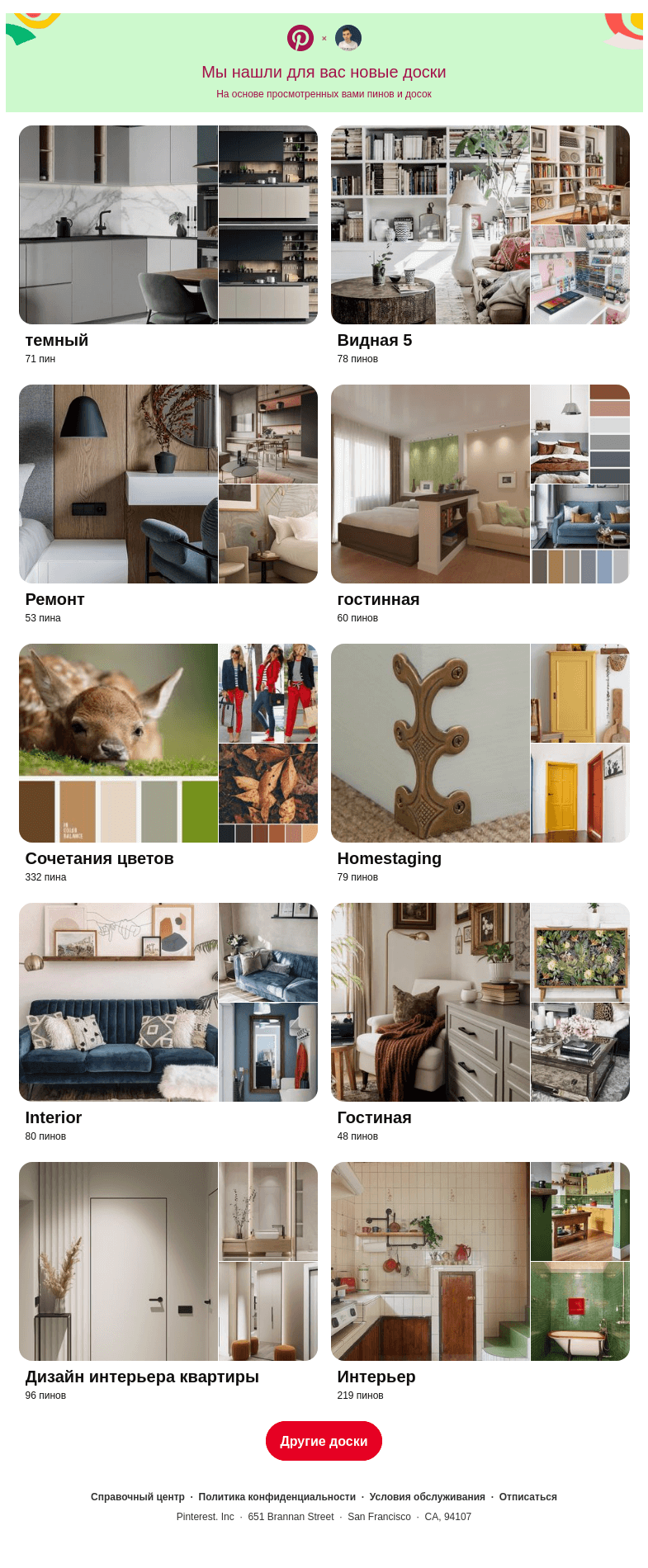 Письмо компании «Pinterest» на тему ««темный», «Видная 5» и еще 8 похожих досок»