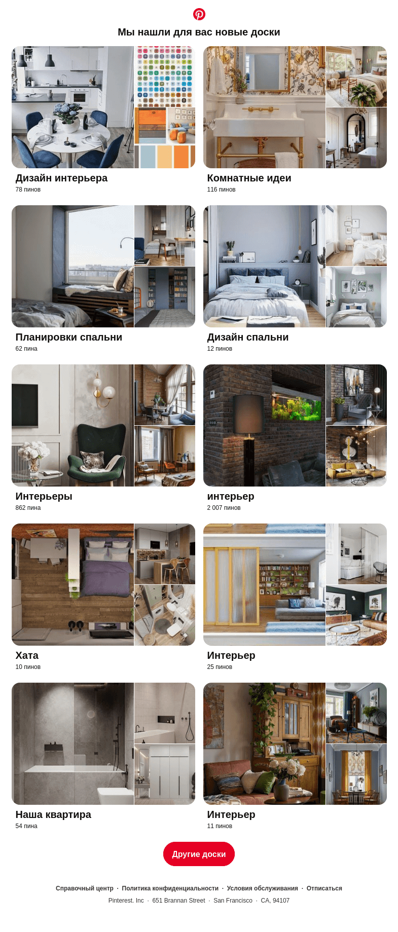 Письмо компании «Pinterest» на тему ««Дизайн интерьера», «Комнатные идеи» и еще 8 похожих досок»