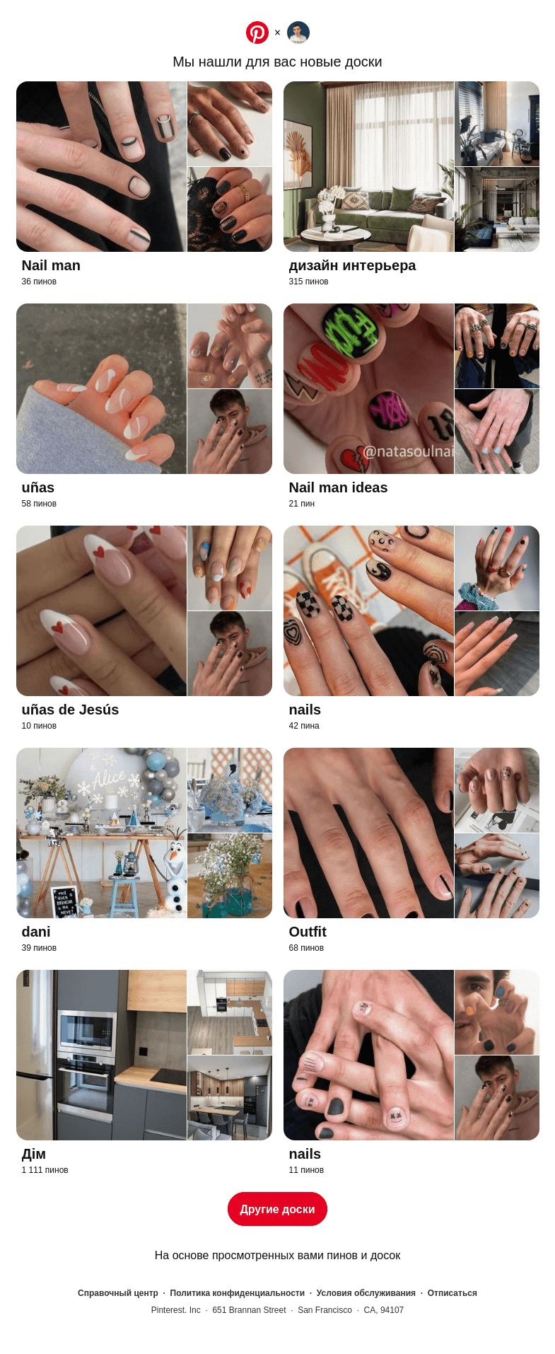 Письмо компании «Pinterest» на тему ««Nail man», «дизайн интерьера» и еще 8 похожих досок»