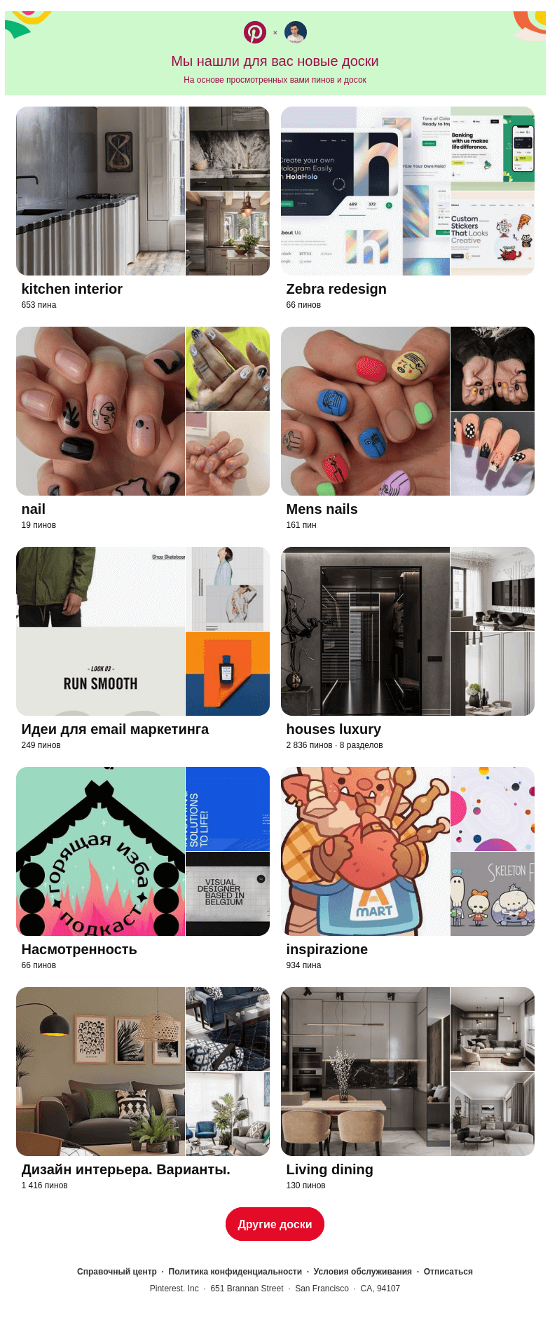 Письмо компании «Pinterest» на тему ««kitchen interior», «Zebra redesign» и еще 8 похожих досок»