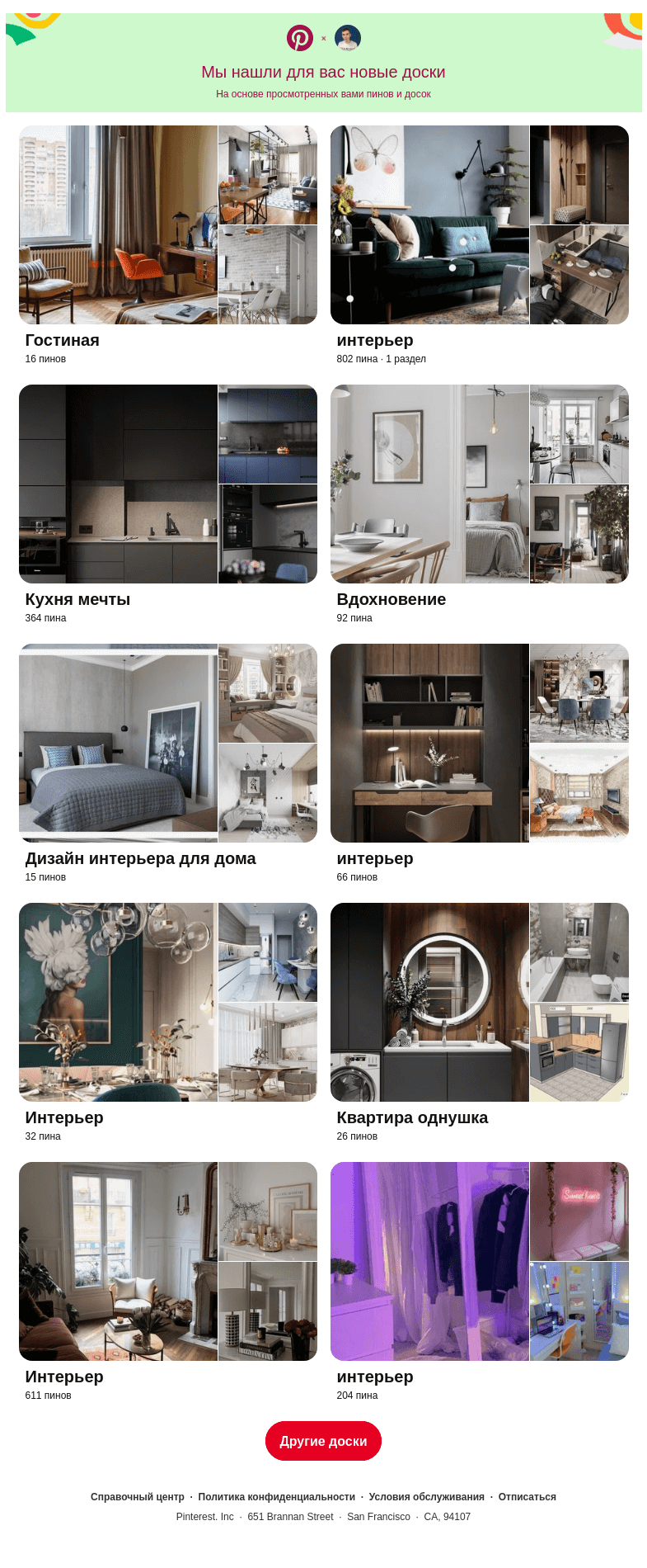 Письмо компании «Pinterest» на тему ««Гостиная», «интерьер» и еще 8 похожих досок»