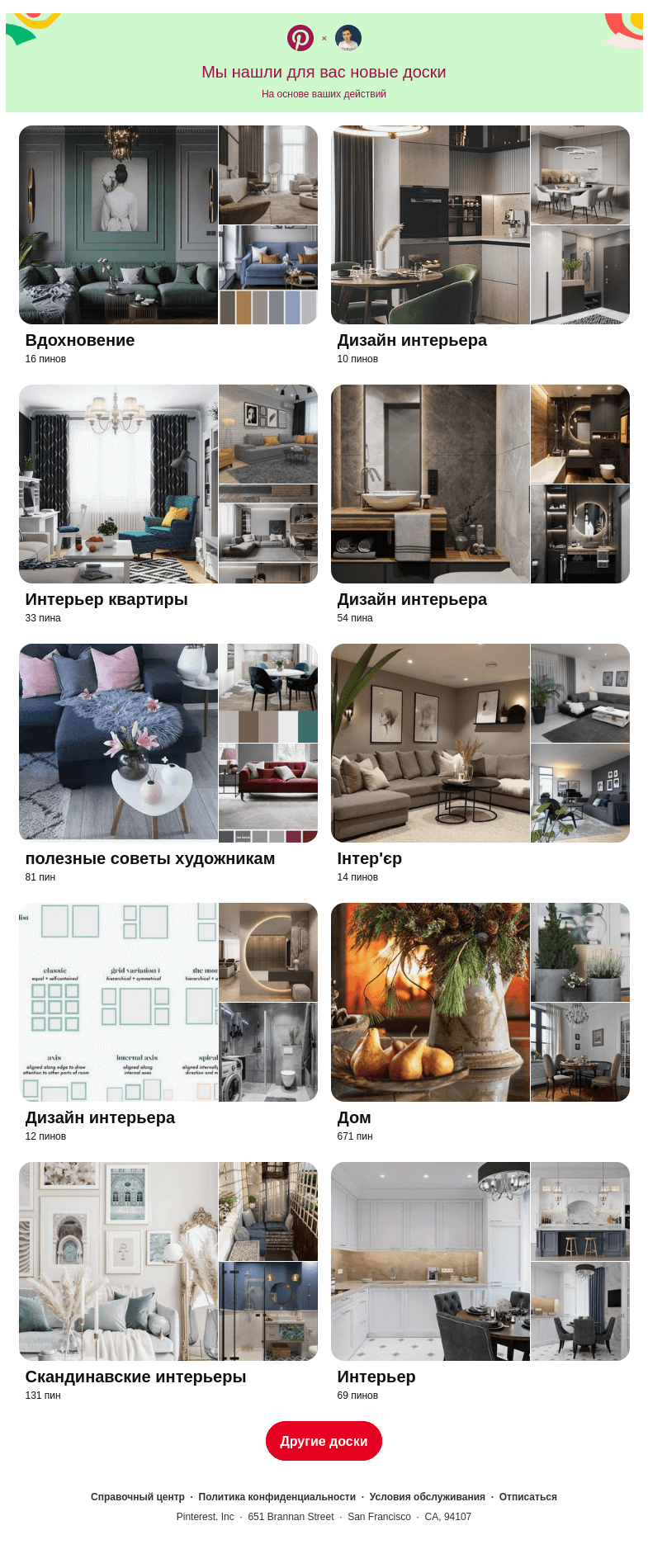 Письмо компании «Pinterest» на тему ««Вдохновение», «Дизайн интерьера» и еще 10 досок, подобранные на основе ваших последних действий»