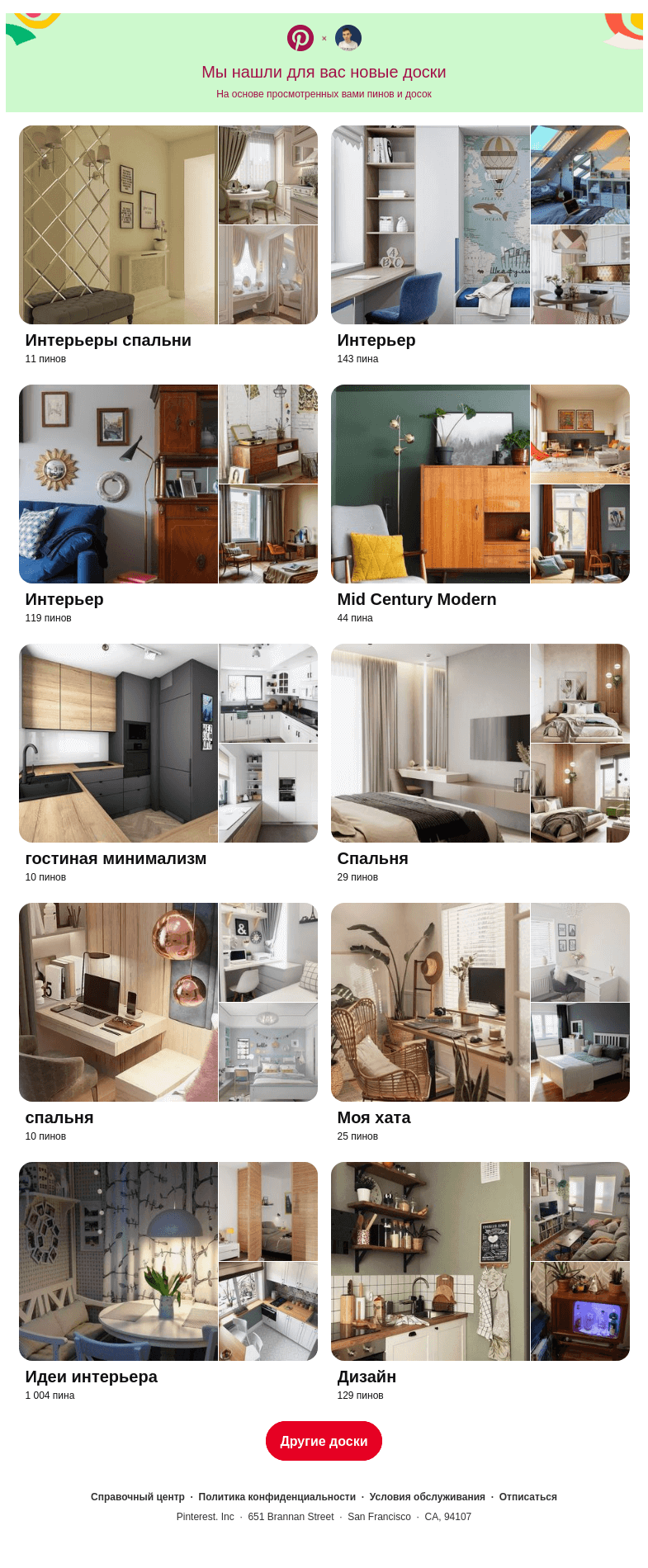 Письмо компании «Pinterest» на тему ««Интерьеры спальни», «Mid Century Modern» и еще 8 похожих досок»