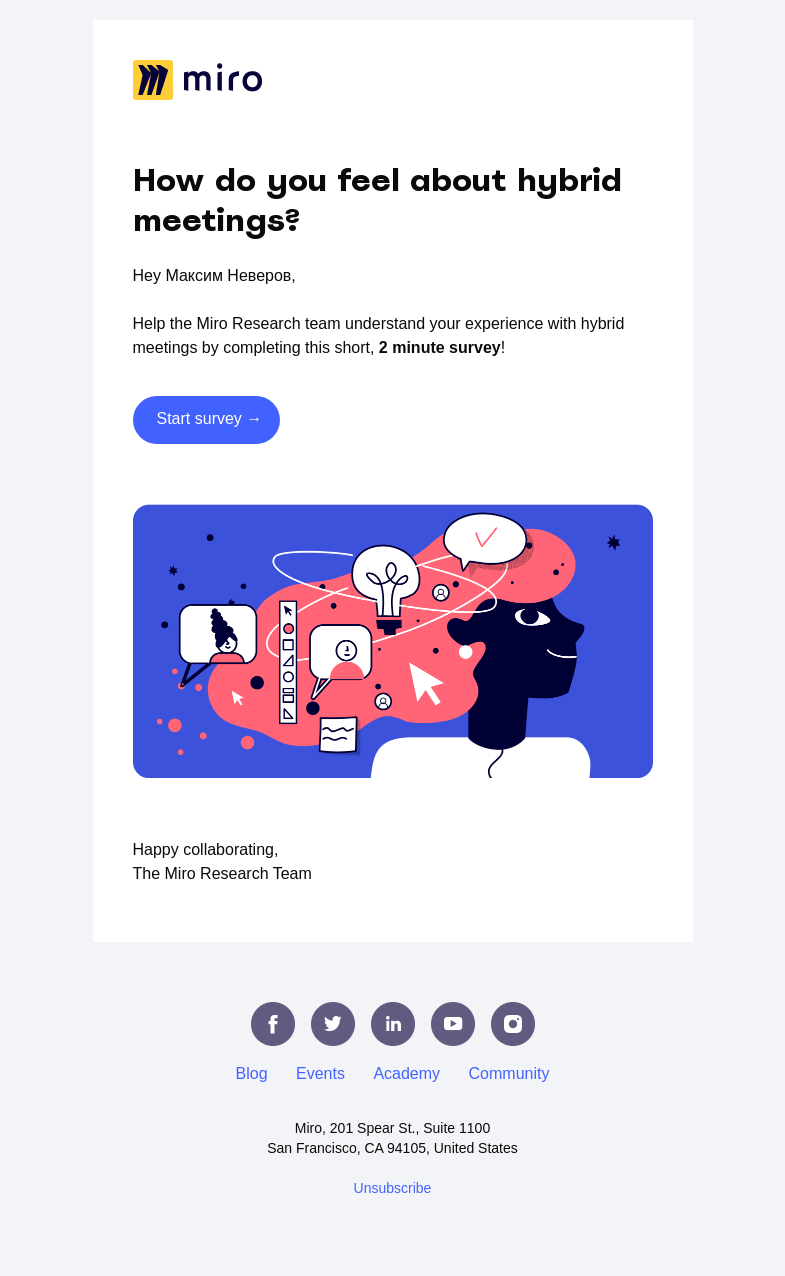 Письмо компании «Miro» на тему «A few questions about hybrid meetings»