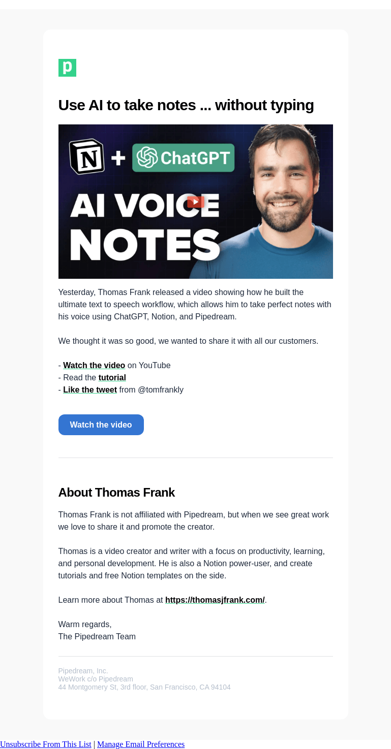 Письмо компании «Pipedream» на тему «Use AI to take notes ... without typing»