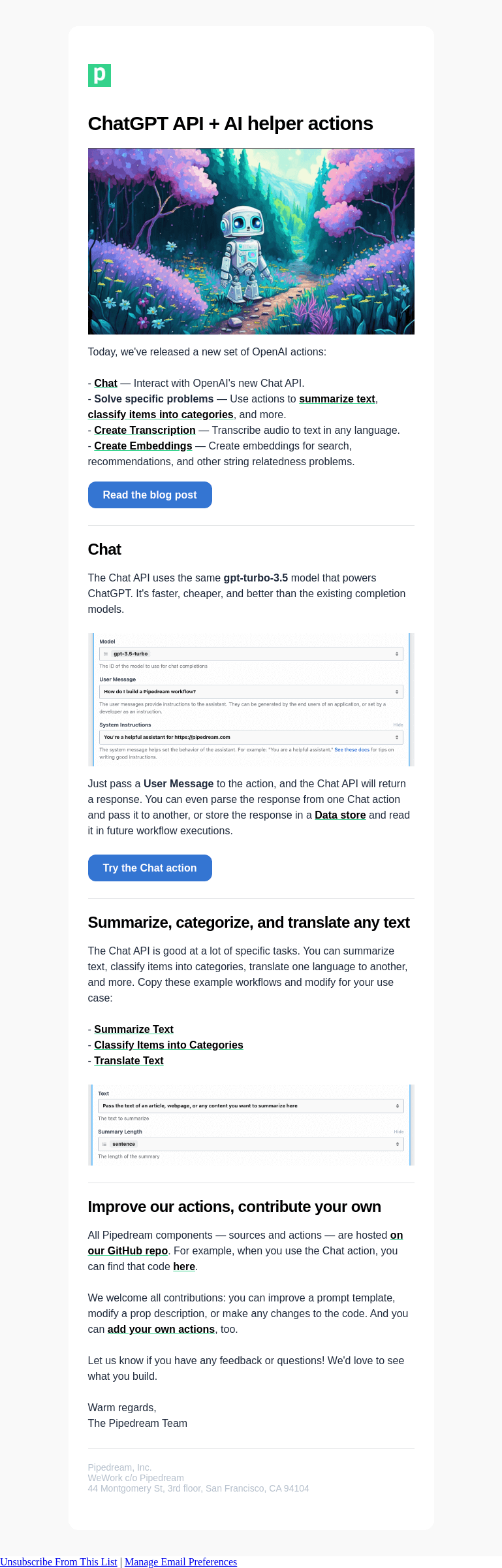 Письмо компании «Pipedream» на тему «Integrate ChatGPT with 1000+ apps»