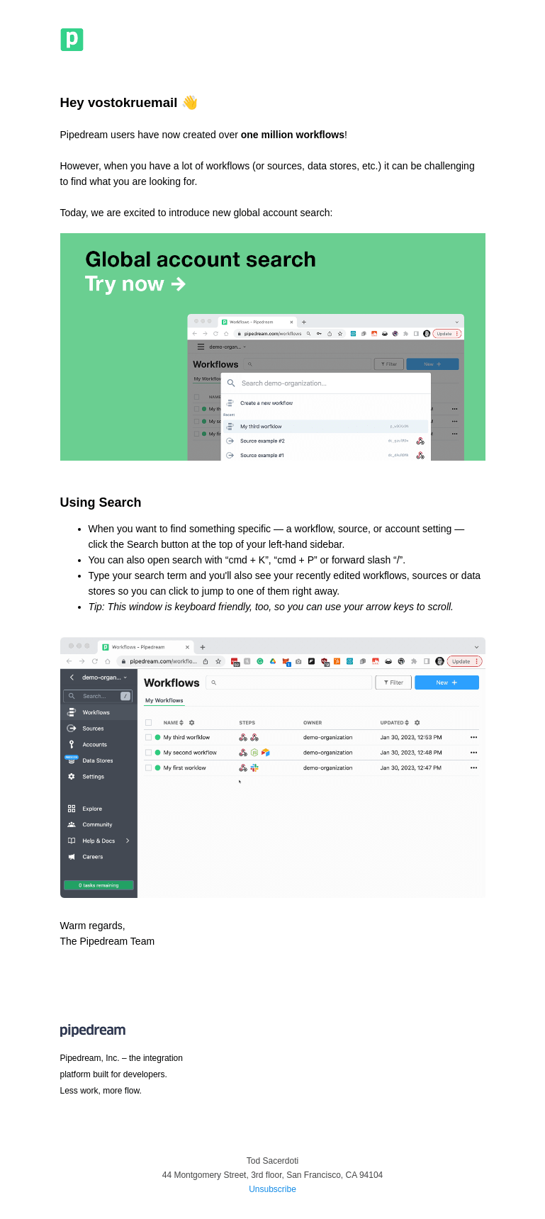 Письмо компании «Pipedream» на тему «Launching search for @vostokruemail»
