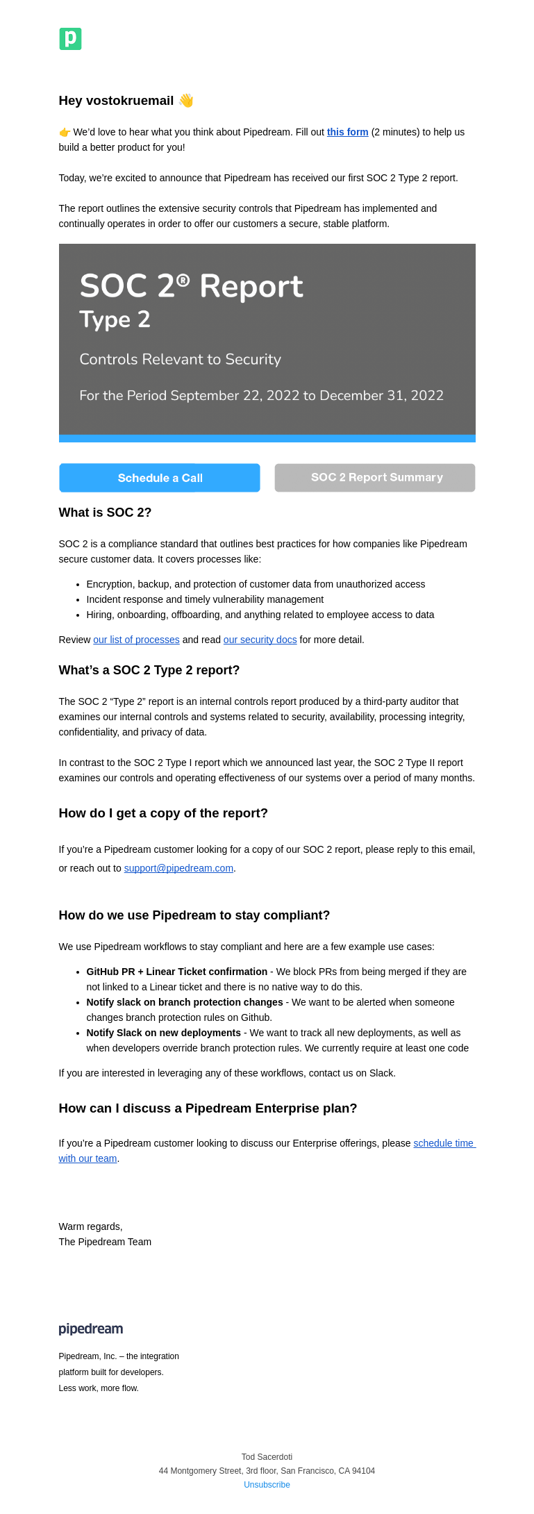 Письмо компании «Pipedream» на тему «@vostokruemail: SOC 2 & Enterprise Plans»