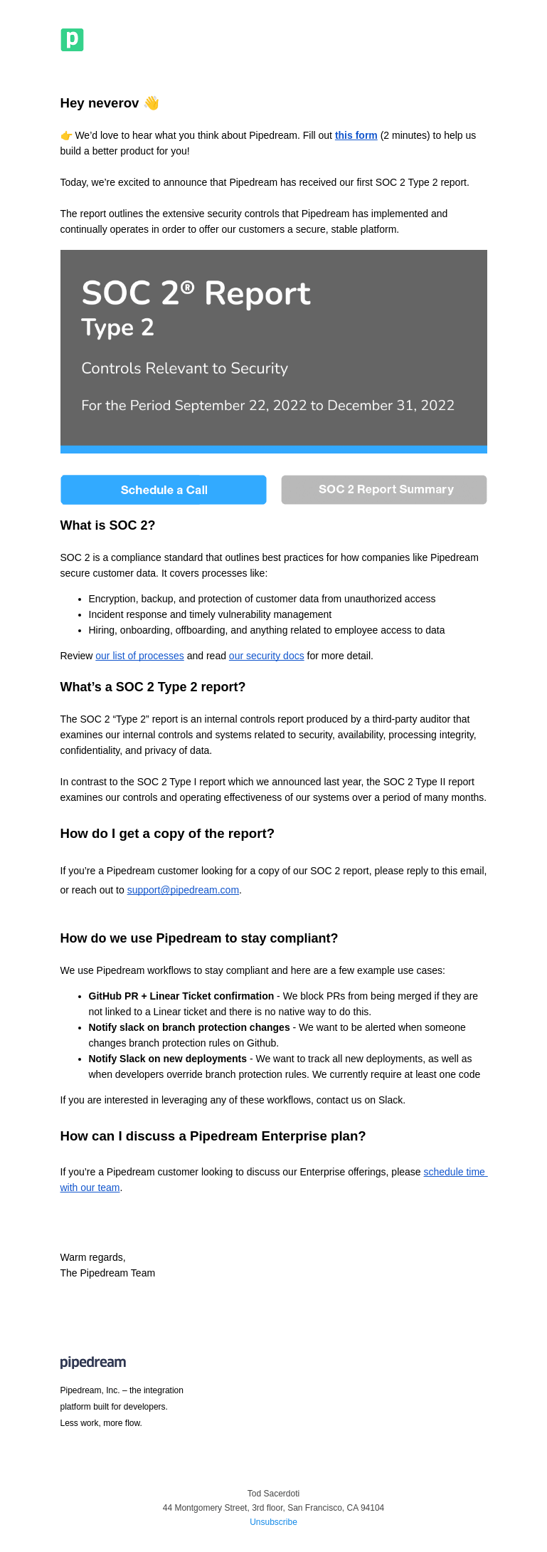 Письмо компании «Pipedream» на тему «@neverov: SOC 2 & Enterprise Plans»