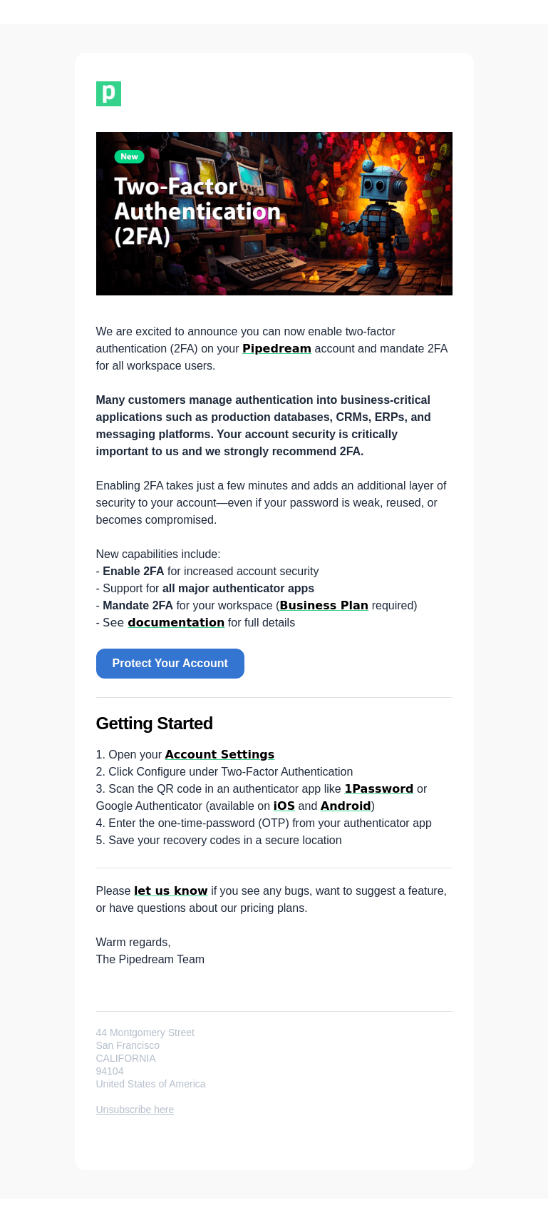 Письмо компании «Pipedream» на тему «Enable or mandate Two-Factor Authentication (2FA)»