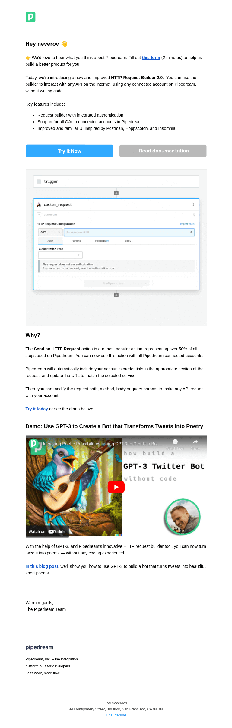 Письмо компании «Pipedream» на тему «New HTTP request builder for @neverov»