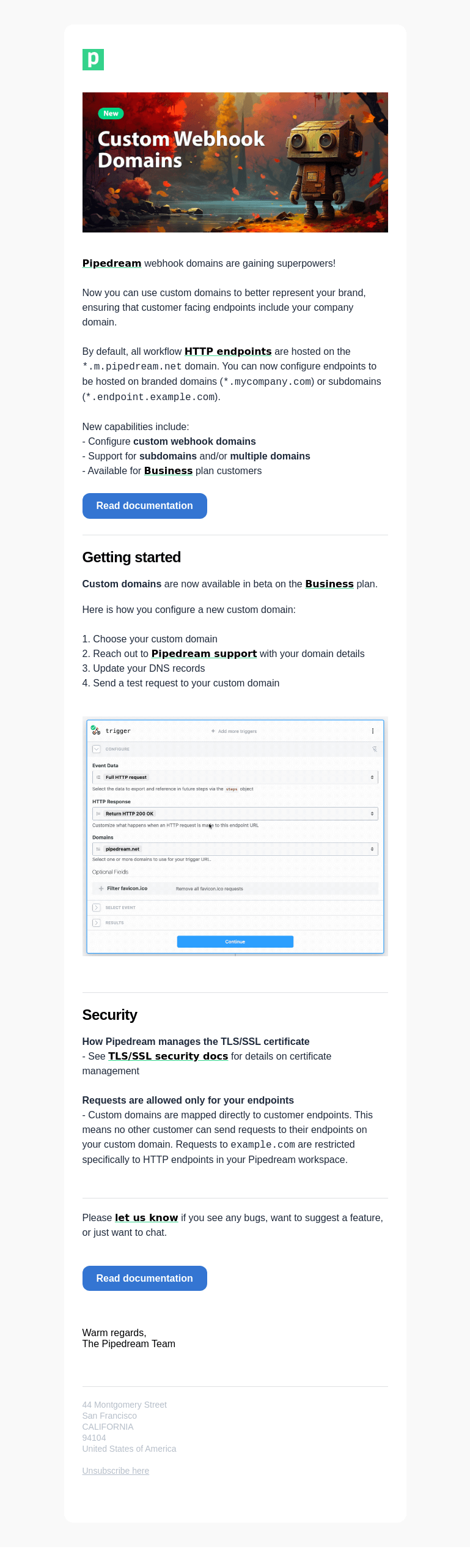 Письмо компании «Pipedream» на тему «New custom webhook domains»