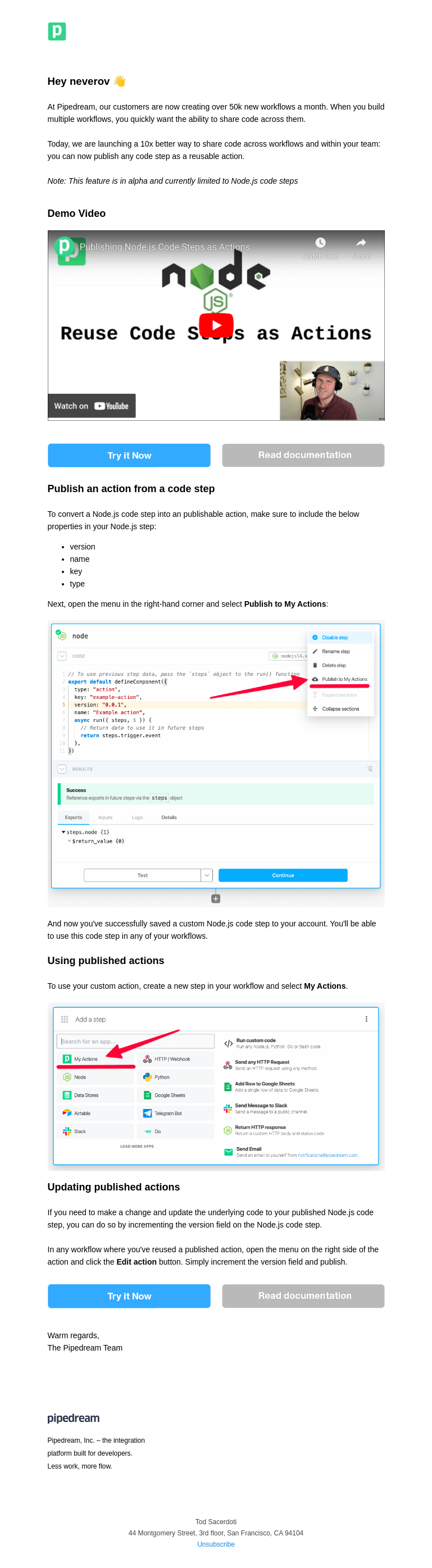 Письмо компании «Pipedream» на тему «@neverov: Share code across workflows»