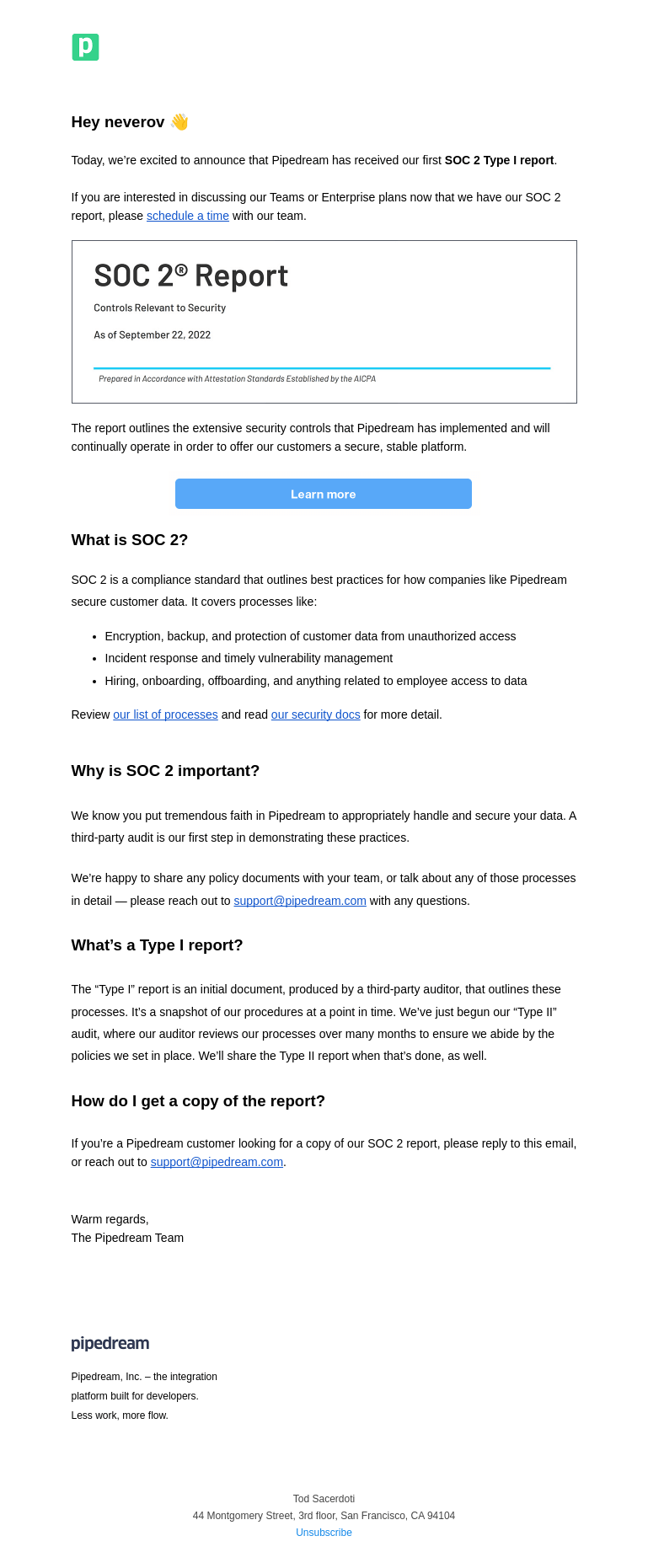 Письмо компании «Pipedream» на тему «SOC 2 & Enterprise Plans for @neverov»