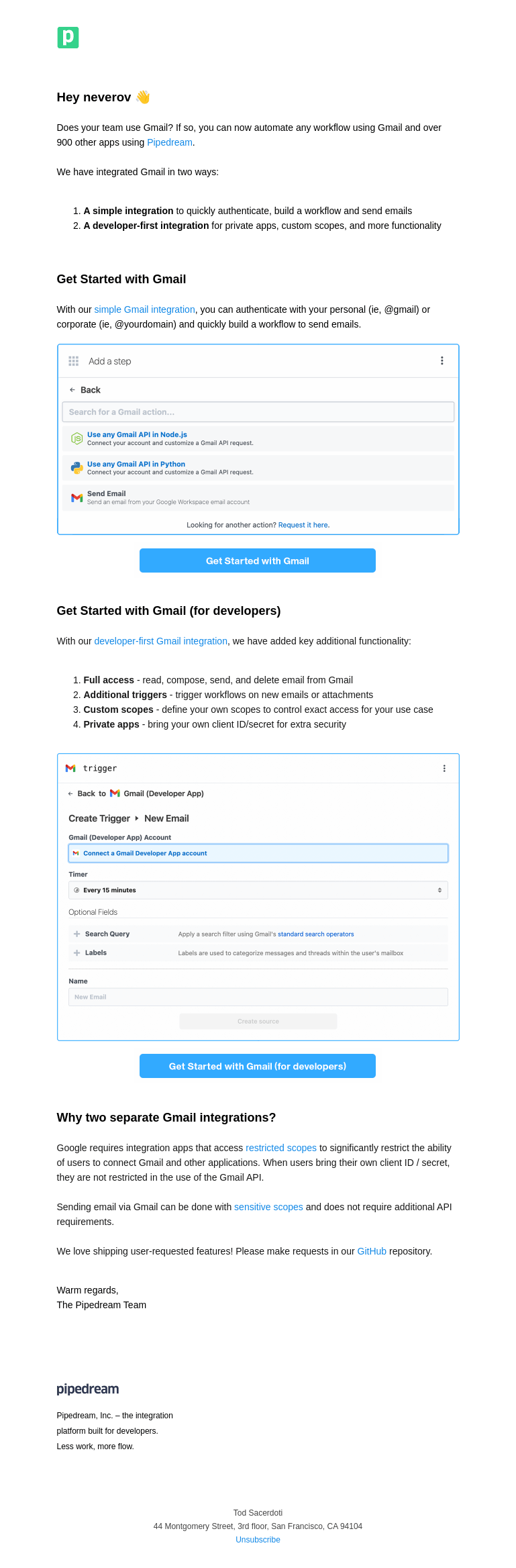 Письмо компании «Pipedream» на тему «@neverov: Gmail is live»