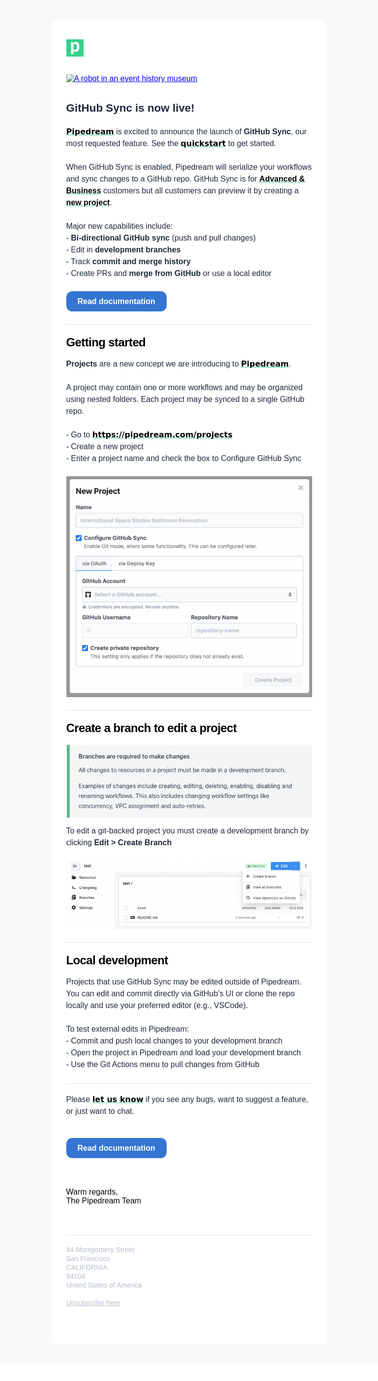 Письмо компании «Pipedream» на тему «GitHub Sync is now live»