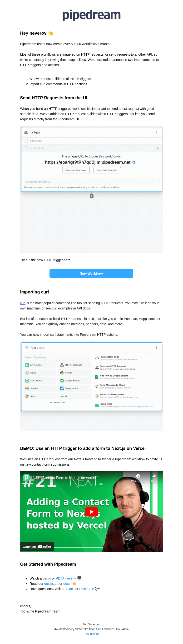 Письмо компании «Pipedream» на тему «@neverov: Improved HTTP triggers & actions»