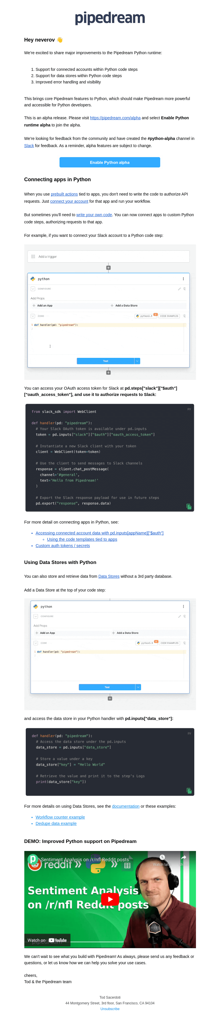 Письмо компании «Pipedream» на тему «Python runtime improvements for @neverov»