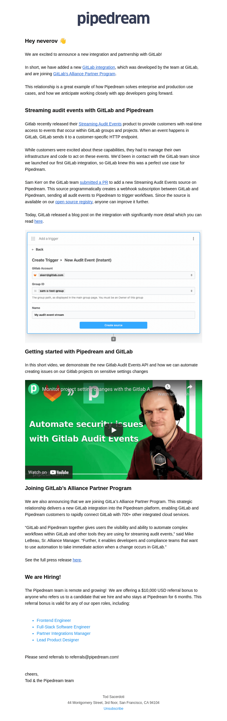 Письмо компании «Pipedream» на тему «GitLab + Pipedream for @neverov»