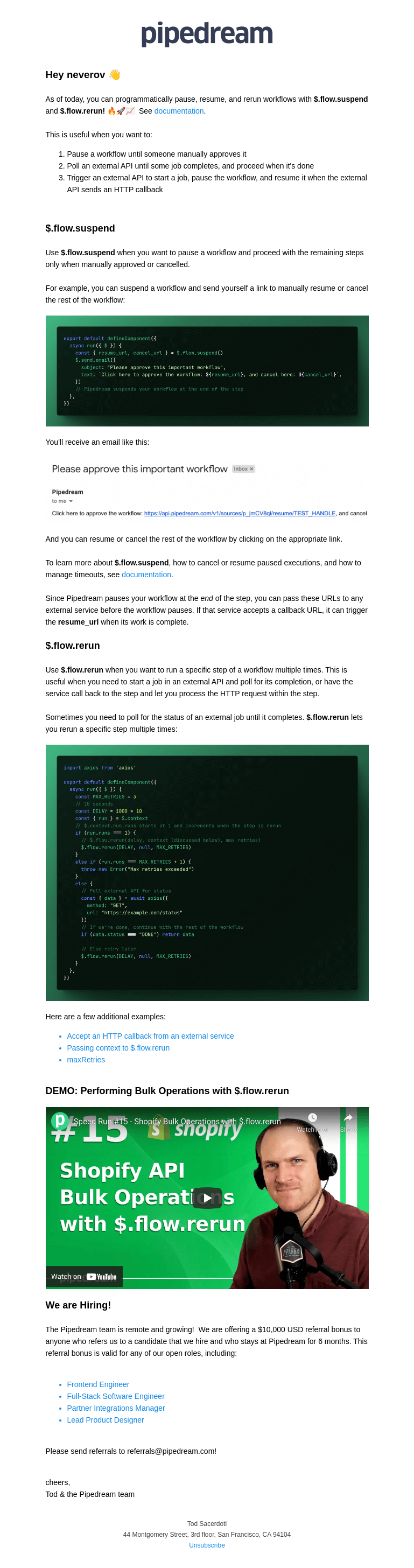 Письмо компании «Pipedream» на тему «Programmatic workflow controls for @neverov»