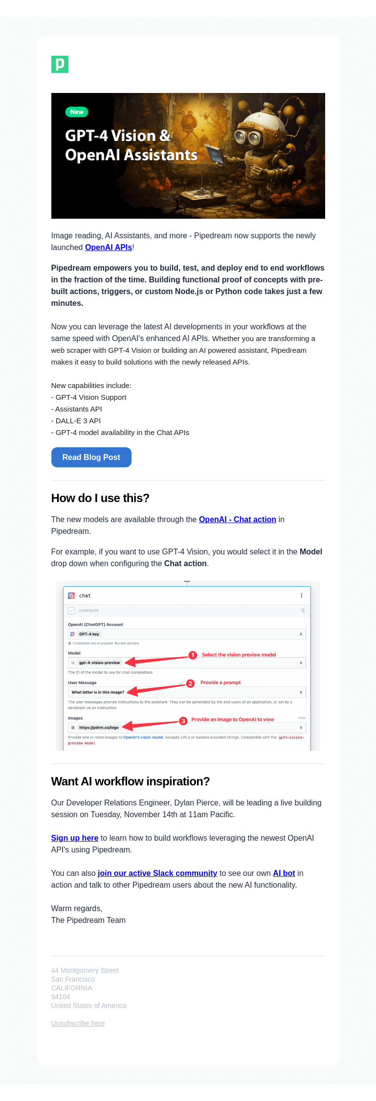 Письмо компании «Pipedream» на тему «GPT-4 Vision and Assistant API support»