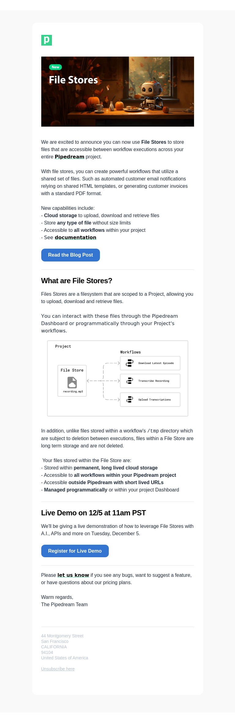 Письмо компании «Pipedream» на тему «File Stores: Cloud File Storage for your Workflows»